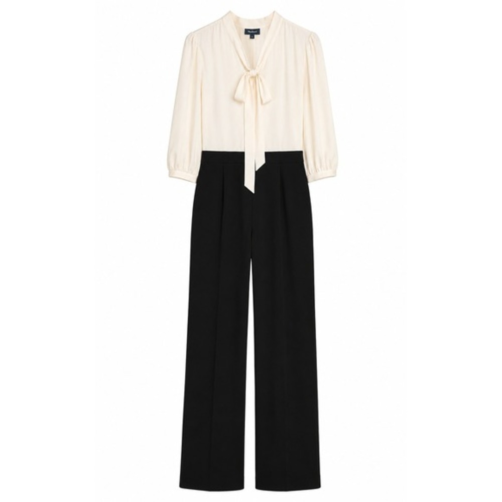 ModCloth Women Cream Black Tie Neck Wide Leg Jumpsuit Size S NWT Professional